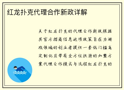 红龙扑克代理合作新政详解